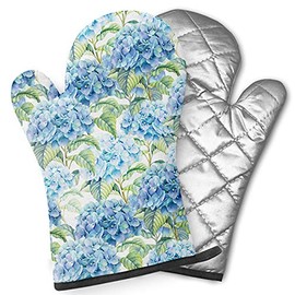 Pairs of Decorative Oven Mitts, Heat Resistant Kitchen Gloves for Cooking, Baking, Grilling (Hydrangea Watercolor)