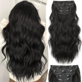 FREEMEIGE Hair Extensions,Black Clip in Hair Extensions for Women,Clip in Synthetic Hair Extensions Long Wavy 4PCS Thick Hairpieces Fiber Double Weft Natural Hair Extensions 20 Inch for Women