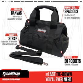 SpeedStrap Black Canvas Storage Tool Bag with Pockets and Carry Strap for Storing Tie-Downs, Straps, or Tools, Large