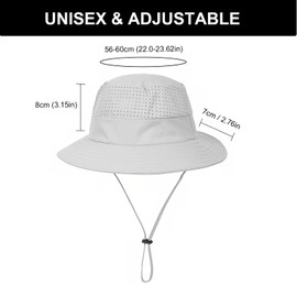 YAMEIZE Summer Waterproof UPF50+ Bucket Hat - with Strap for Women Men UV Protection Adjustable String Hat Fishing Hiking Climbing Light Grey