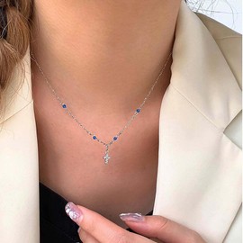TseenYi Crystal Cross Pendant Necklace Boho Crucifix Cross Necklace Silver CZ Cross Choker Necklace Small Crystal Cross Charm Necklace Small Cross Choker Necklace Chain Jewellery for Women, Crystal