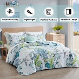 Tritard 3 Piece Coastal Beach Quilt Set King Size Ocean Beach Themed Bedding Set Microfiber Lightweight Bedspread Coverlet with 2 Shams Starfish Coral Seashell Bed Covers for All Season, 106''x96''