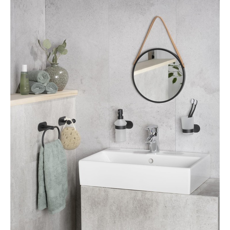 WENKO Turbo-Loc Orea Black Matt Towel Ring, No Drilling Required,