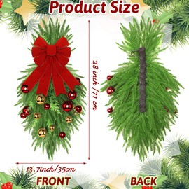 Soulchen 28 Christmas Teardrop Swag Wreath Norfolk Pine Greenery Stairway Swag Winter Garland with Red Bow, Red and Gold Balls for Outdoor Indoor Front Door Home Decor