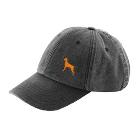 THE HOUSE OF DOG: Hungarian Vizsla Owner Gift. Distressed Vintage Washed 100% Heavyweight Brushed Cotton Embroidered 6 Panel Low Profile Baseball Cap. Black