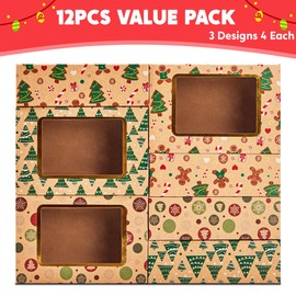 JOYIN 12 PCS Foiled Christmas Cookie Boxes with Window 8.75" x 5.75" x 2.75”, Treat Boxes with 3 designs for Doughnut and Cookie, Brown Kraft Bakery Boxes, Xmas Cookie Gift Baking Box for Pastries