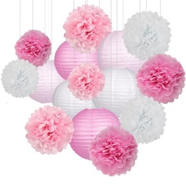 Yolrky Paper Lanterns, Paper Flowers, Pom Poms, Party Decoration, Birthday, Wedding, Festival, Decoration(Pink)