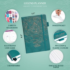 Legend Planner – Deluxe Weekly & Monthly Life Planner to Hit Your Goals & Live Happier. Organizer Notebook & Productivity Journal. A5 Hardcover, Undated – Start Any Time + Stickers – Viridian Green