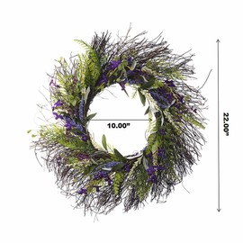 24 Inch Spring Greenery Wild Lavender Flower Wreath for Front Door, Mixed Green Leaves and Lavender Flower Wreath for Indoor and Outdoor Use (Purple Lavender 17)