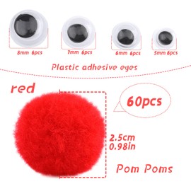 LOKUNN 1 Inch Pom Poms, Red Pom Poms for Arts and Craft, Soft and Fluffy Pom Pom Balls with Self-Adhesive Eyes, Pompoms for DIY Art Creative Crafts