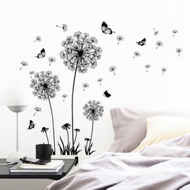 Arawat Dandelion Wall Decals Flower Stickers Murals Black Butterflies Wall Decor for Bedroom Office Bathroom Living Room Floral Wall Decals Removable Wall Art Decoration Peel and Stick Room Wall Decor