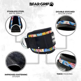 BEAR GRIP - Foot Straps for Cable - Strong Clasp, Double Stainless Steel D-Ring, Adjustable Neoprene with Fur - Premium Ankle Restraints for Abdomen, Buttocks and Leg Training (Donut - Pair)