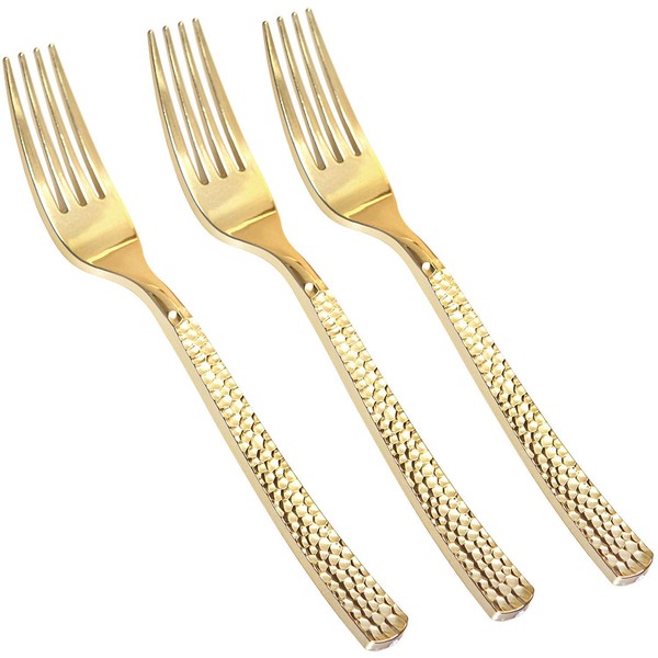 Supernal 300pcs Gold Plastic Forks,Disposable Hammered Forks,Premium Heavyweight Silverware Polished,Perfect for Big Party,Catering Events,Weddings and Daily,Christmas,Thanksgiving Using