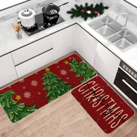 Xmas Tree Snowflakes Red Merry Christmas Kitchen Rugs Set of 2, Winter Xmas Home Decor Low-Profile Kitchen Mats for Floor - 17x29 and 17x47 Inch