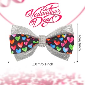 Valentine's Day Bow Hair Clips for Girls Silver Love Heart Rhinestone Hair Bow Clip Valentines Hair Accessories Sparkle Heart Bowknot Alligator Clips Holiday Headdress Hairpins for Women Teens 2PCS