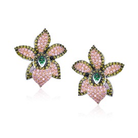 3D Green Pink Orchid Flower Shaped Pave CZ Large Stud Earrings For Women Cubic Zirconia Silver Plated Brass