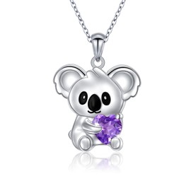 Koala Necklace 925 Sterling Silver Animal Koala Bear Pendant Cute Koala Hold Heart Violet Cubic Zirconia Necklace Koala Gifts for Women Girls