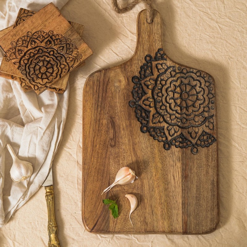 Hand Carved Mandala Chopping Board – Sustainable Mango Wood with