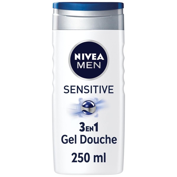 NIVEA MEN Gel Douche Sensitive 3 en 1 (1 x 250 ml), gel douche homme pour peau sensible, nettoyant doux pour corps, cheveux et visage, savon douche à l'extrait de bambou