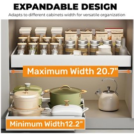 Pull Out Cabinet Organizer - Expandable Slide Out Drawers for Kitchen Cabinets, Storage and Organization Adjustable Adhesive Drawers for Kitchen Pantry Home, 12.2"-20.7" W x 16.9"D x 3.1"H, White 1PC