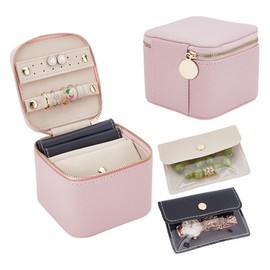 NBEADS Travel Jewelry Box with 4 Pcs Insert Bags, Imitation Leather Portable Jewelry Organizer Storage Case for Earrings Rings Necklaces Bracelets, Pink, 10.9x10.5x8.1cm
