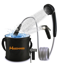 Whiriwhiri Portable Shower Camping Outdoor Camp Shower Pump, Rechargeable Battery Powered Shower 2 Head with Foldable Collapsible Bucket, Large Water Flow for Hiking, Traveling, Beach Washing Cleaning