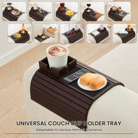 LOVYANXUE Bamboo Couch Cup Holder, Foldable Sofa Arm Tray, Anti-Slip Couch Aremrest Tray Table for Drink, Cup, Remote, Snacks, Cellphone, Portable, Mahogany