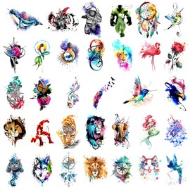 32 Sets of Temporary Tattoo Stickers Watercolor Design DIY Animals Small Temporary Tattoos for Adults and Children