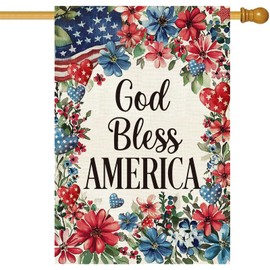Baccessor Patriotic 4th of July House Flag 28 x 40 Inch Double Sided Burlap God Bless America Floral Memorial Day Large Yard Flag Spring Summer Holiday Farmhouse Seasonal Outdoor Outside Decoration