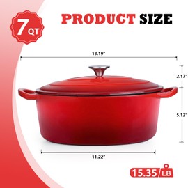P&P CHEF 7QT Oval Dutch Oven Pot, Red Enameled Cast Iron Dutch Oven for Bread Baking, Roasting Chicken, Oven Safe & Easy Clean, Non-Stick & Dual Handles