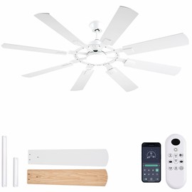62 Inch Ceiling Fans with Lights, Large Low Profile Ceiling Fan with Remote Control, 8 Double Sided Blades, 6 Speed Reversible DC Motor, Silent Timing, White Indoor & Outdoor Ceiling Fan