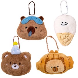 ELVRLA 4Pcs/Set Cute Tiyaki Cat/Yellow Star/Capybara/Brown Bear/Icecream Keychain Soft Plush Key Chain Ring Bag Charm Pendant -Bear