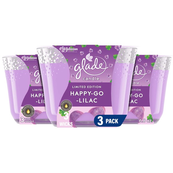 Glade Candle Happy-Go-Lilac, Fragrance Candle Infused with Essential Oils, Air Freshener Candle, 3-Wick Candle, 6.8 Oz, 3 Count