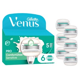 Gillette Venus Pro ComfortGlide Sensitive Women's Razor with a Touch of Aloe Vera, 6 Replacement Blades, Durable Metal Handpiece and Shower Holder