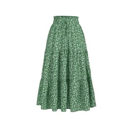 Summer Floral Skirts for Women 2024 Casual Trendy Beach Boho High Waisted Tie Front Ruffle Layered Flowy A Line Midi Skirt 626 Green Floral L
