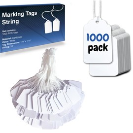 Easytwelve - 1000 Pcs White Price Tags with String Attached, Price Labels, Display Tags, Strung Tags, Hang Tags for Product, Jewelry, Clothing,Yard Sale, Garage Supplies, Pricing 1.75 x 1.093 inch