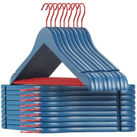 TOPIA HANGER Premium Wooden Hangers with Non-Slip Pant Bar, 360°Swivel Hook and Shoulder Notches, 16 Pack Solid Wood Clothes Hangers for Suit, Coat, Jacket, Camisole(Blue/Red)-CT35BR2