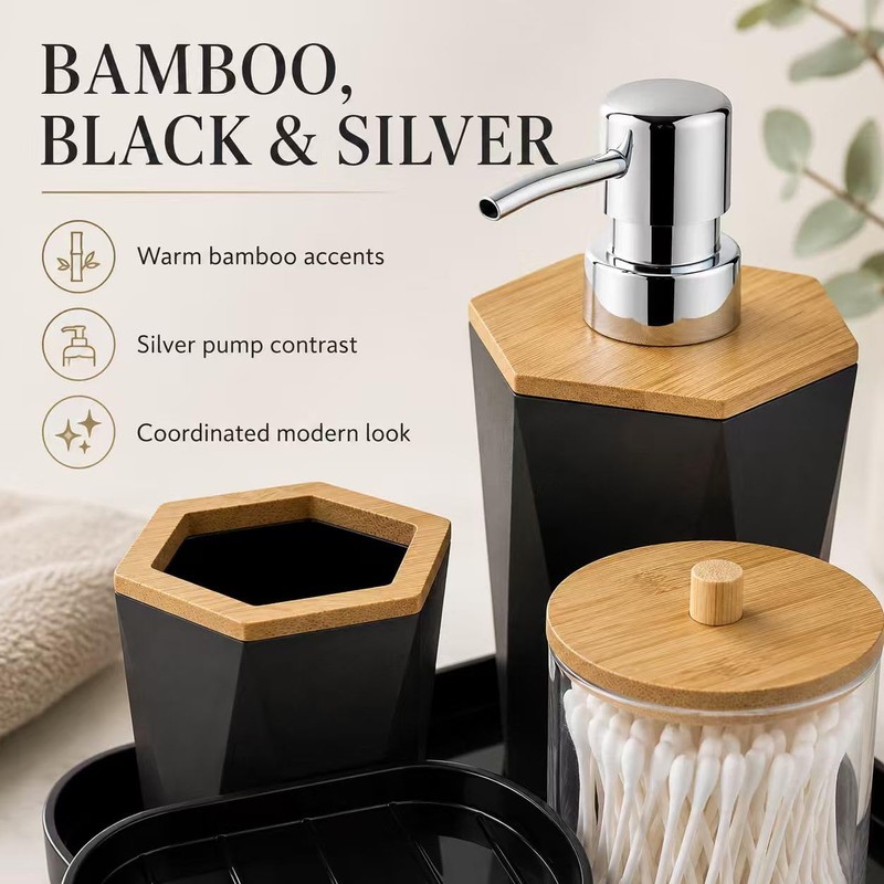LGURT 4pc Hexagonal Black Bathroom Set, Soap Dispenser with Bamboo