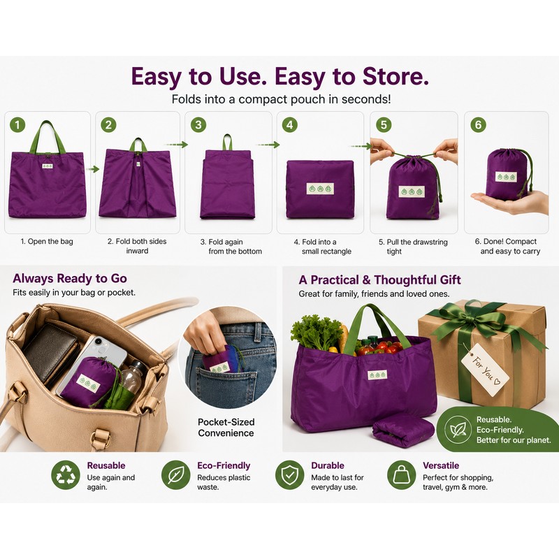 Large Capacity Foldable Shopping Bag with Drawstring Closure