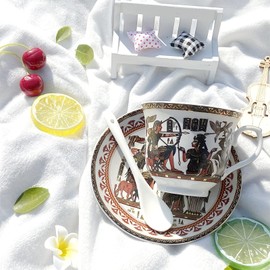 Egyptian Coffee Cappuccino Barista Latte Cup and Saucer with Spoon 8.2oz/240ml Golden Egyptian Ceramic Cups set for Tea Coffee,Porcelain Cup Gift for Home Office(White and Yellow)