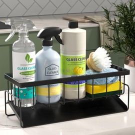 VANZBON Sink Caddy Sponge Holder for Kitchen Sink with Stainless Steel Self Drain Tray, Rustproof Kitchen Sink Organizer for Sponge, Soap Dispenser Storage Kitchen Accessories, Black