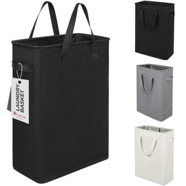 ZERO JET LAG Slim Laundry Hamper With Handles Collapsible Laundry Basket Thin Dirty Clothes Basket Narrow Laundry Bag Foldable Dirty Clothes Hamper 45L (23 inches,Black)