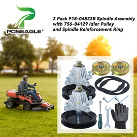POSEAGLE 2 Pack Pre-Greased 918-04822B Spindle Assembly with 756-04129 Idler Pulley and Spindle Reinforcement Ring Replaces 618-04822A 918-04822A 918-04889A for Craftsman 42 LT1500 LT2000 Decks
