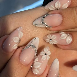 Giyehehi 24-piece set of white French tip press-on nails, medium almond-shaped false nails with silver rhinestones, floral nude pink full-cover stick-on nails in a French style