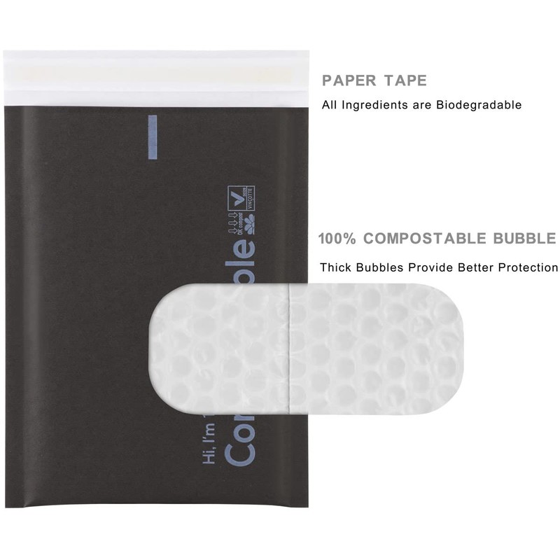 6x10 100% Biodegradable Bubble Mailers,25 Count Kraft Black #000 Compostable