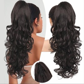 Ponytail Extension 24" Long Curly Wavy Claw Clip in Ponytail Hair Extensions Jaw Clip on Pony Tails Fluffy Hairpiece for Women Daily Party Use - Color: Black Brown
