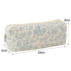 CHUNLINLAODA Blue Floral Pencil Case, Aesthetic Flowers Pencil Pouch, Soft Quilted Pencil Pouch, Floral Makeup Bag, Cotton Quilted Makeup Bags for Office School College Travel (Blue)