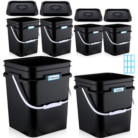 Vesici 6 Pcs 5 Gallon 3 Gallon Square Bucket Pail with Plastic Handle and Lid Storage Food Container Industrial Pail with DIY Label Sticker for Camping Fishing Paint Water Art Crafts Project, Black