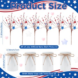 SiliFine 4 Sets 4th of July Centerpieces for Tables Red White and Blue Patriotic Flowers Independence Day Decorations Include 11.81 Inch Artificial Berry Stem Stars Picks and Vase for Home Office