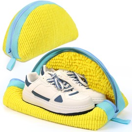 ecooe Pack of 2 Shoe Wash Bags Washing Machine Laundry Net for Shoes, Laundry Bag with 360° Chenille Cleaning Fluff, Laundry Bag Suitable for Trainers, Trainers, Canvas Shoes etc., Yellow